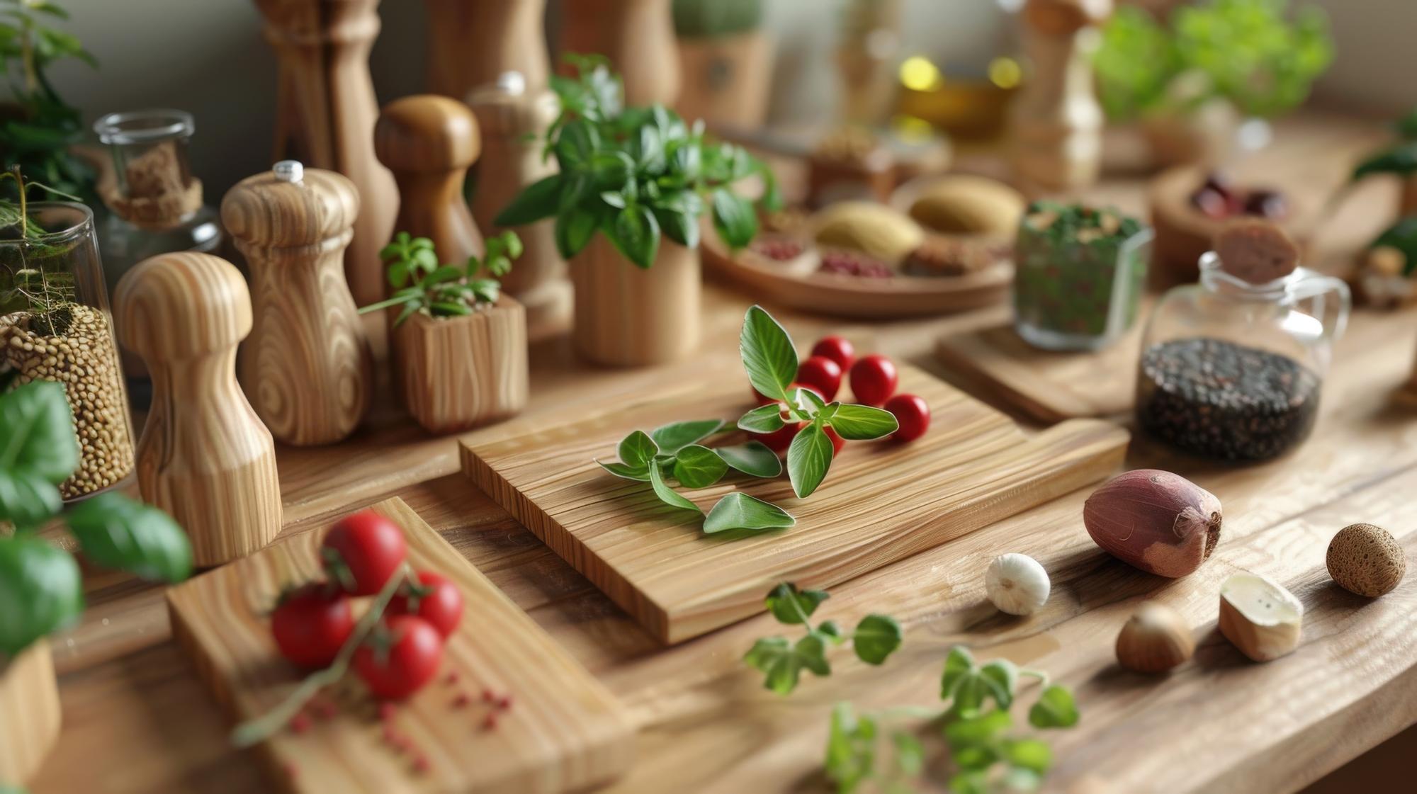 Small professional kitchen counter with utensils and fresh ingredients